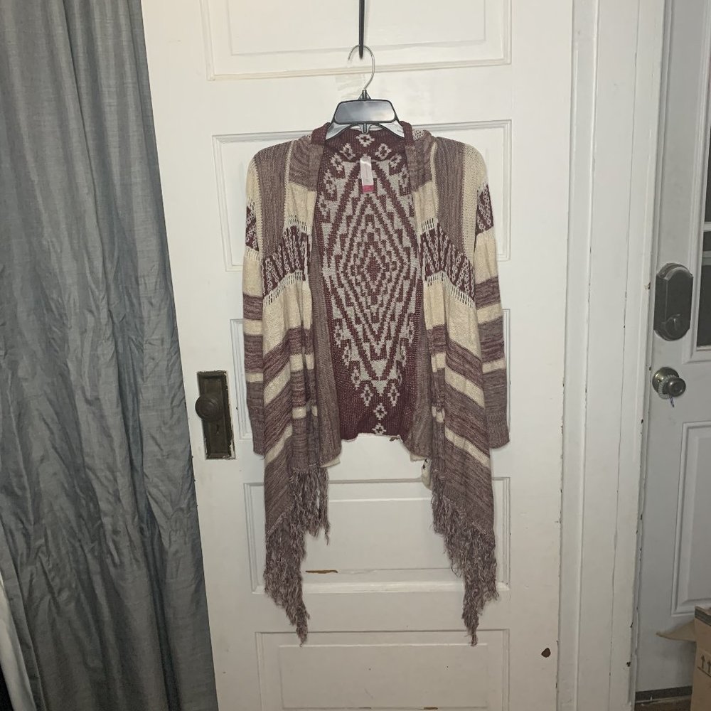 No Boundaries Burgundy and Cream Striped Open Front Cardigan Size Large (11/13)